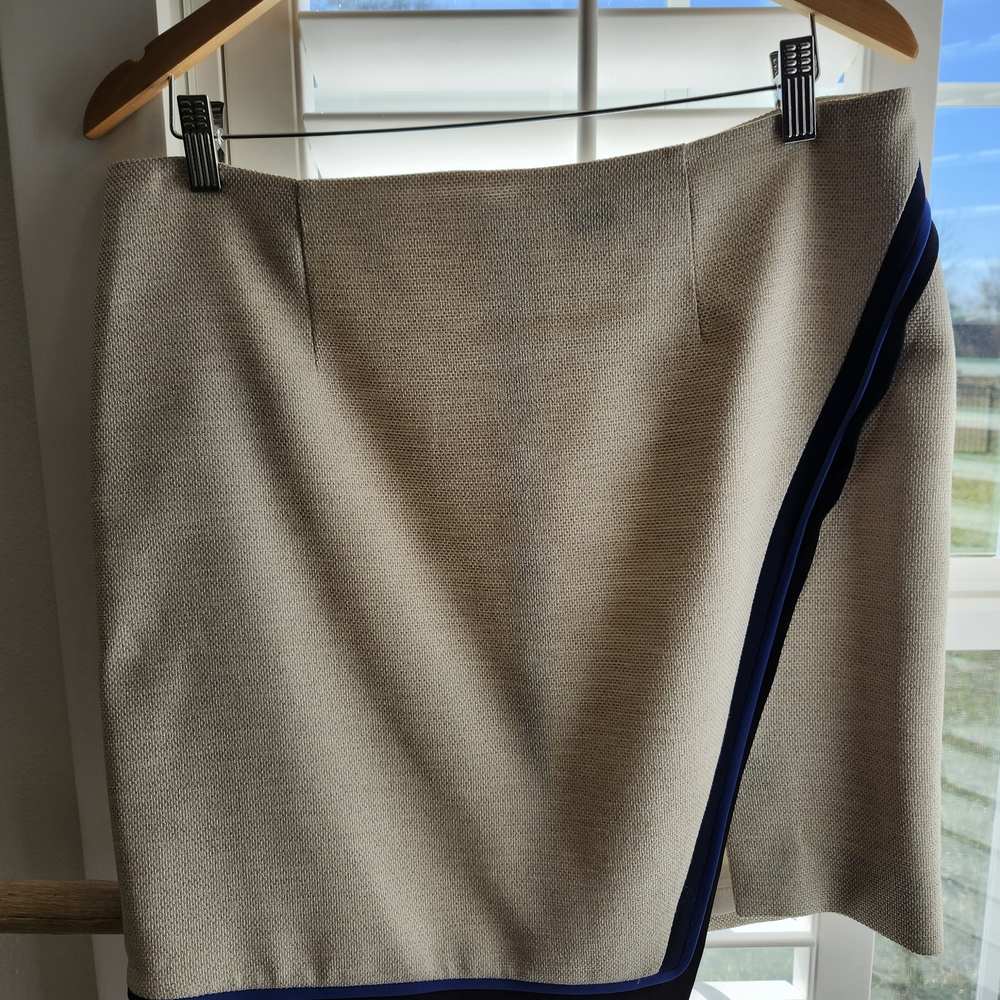 White House Black Market Asymmetrical Beige Skirt with Navy Accent